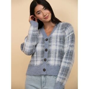 Cupcakes‎ and Cashmere Plaid Cardigan Knit Button Front Blue White L